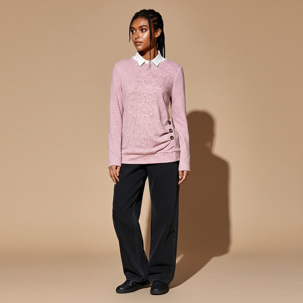 Long sleeve ruched top in dusty pink worn by a standing model at a three-quarter angle, showing a crew neckline, long sleeves, side-button ruching creating gentle drape, relaxed straight hem, and modest elongated shape