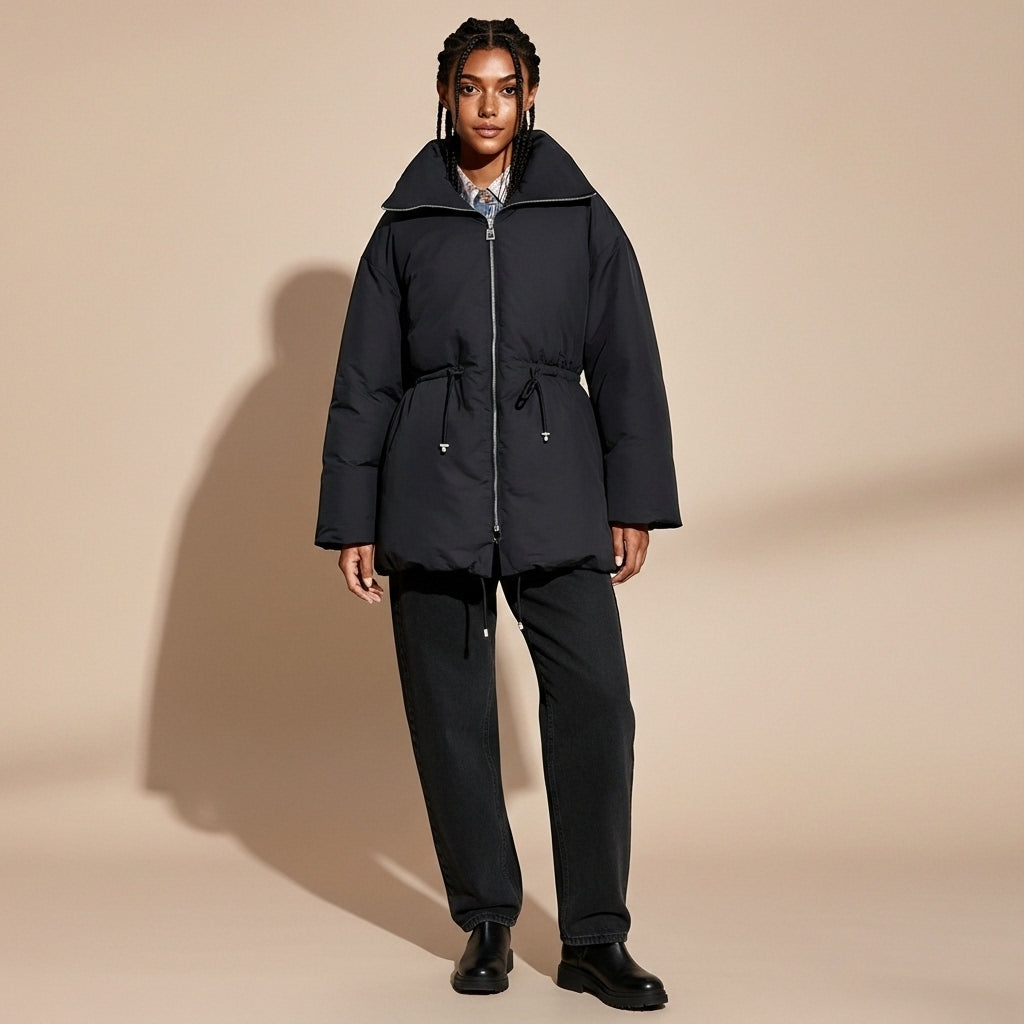 Longline puffer coat in black worn by a standing model, showing a full-length quilted silhouette, high padded collar, full zip front, adjustable waist drawstrings, long sleeves, and straight hem