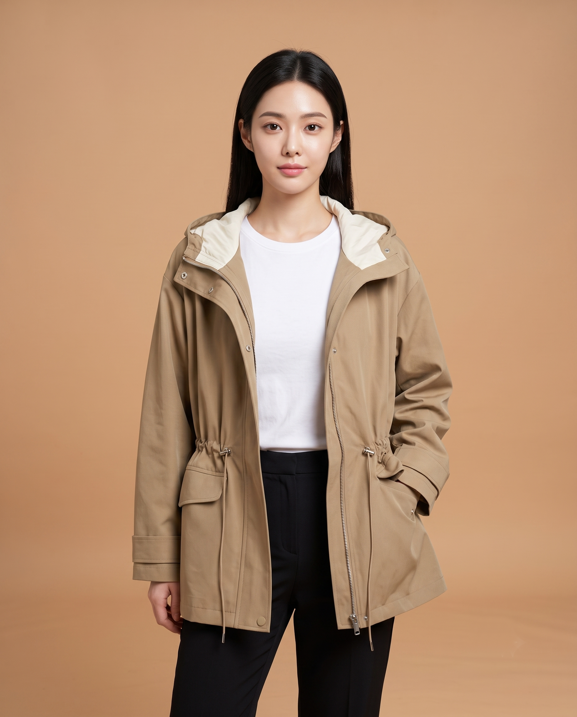 Utility jacket in khaki worn by a standing female model facing front, showing a hooded lightweight jacket with zip closure, adjustable waist drawstrings, long sleeves with cuff tabs, front utility pockets, mid-length hem, and smooth fabric structure