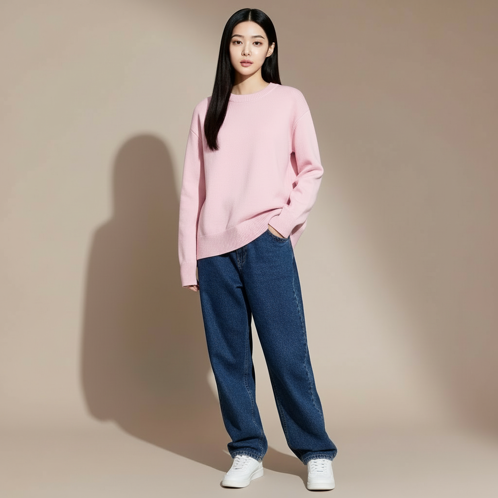 Oversized crewneck jumper in soft pink worn by a standing model, showing a relaxed fit, long sleeves, and crew neckline