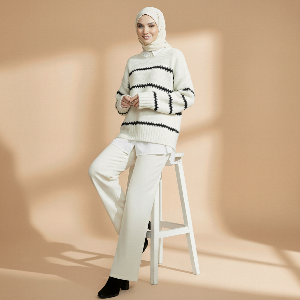 Striped crewneck jumper in white worn by a seated model on a stool, showing horizontal black stripes, relaxed silhouette, and ribbed hem