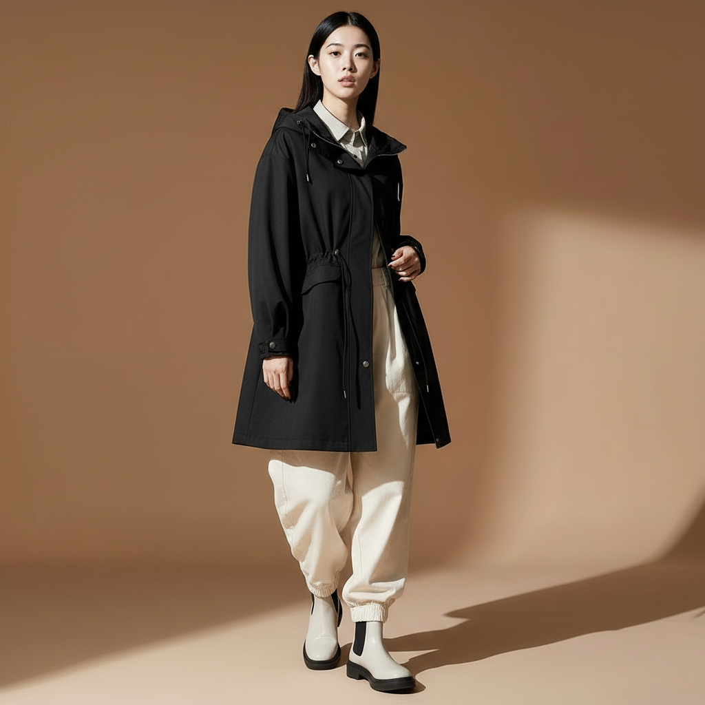Utility jacket in black worn by a standing female model facing front, showing a lightweight hooded silhouette with full zip front, adjustable drawstring waist, long sleeves with cuff detailing, front flap pockets, mid-thigh length coverage, and clean structured drape