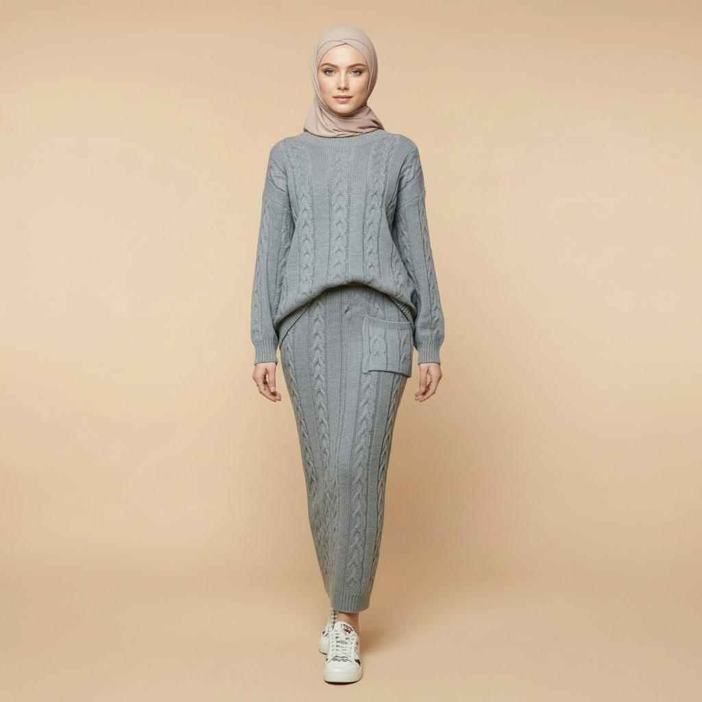 Knit skirt co-ord set in khaki worn by a standing model at three-quarter angle, showing a soft cable-knit top, straight maxi skirt, ribbed cuffs, side pocket, and full-length modest silhouette