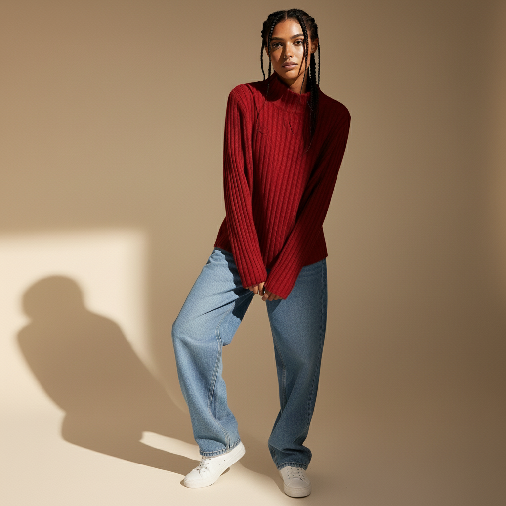 Ribbed knit roll neck jumper in wine worn by a standing model, showing vertical rib texture, long sleeves, and high neckline