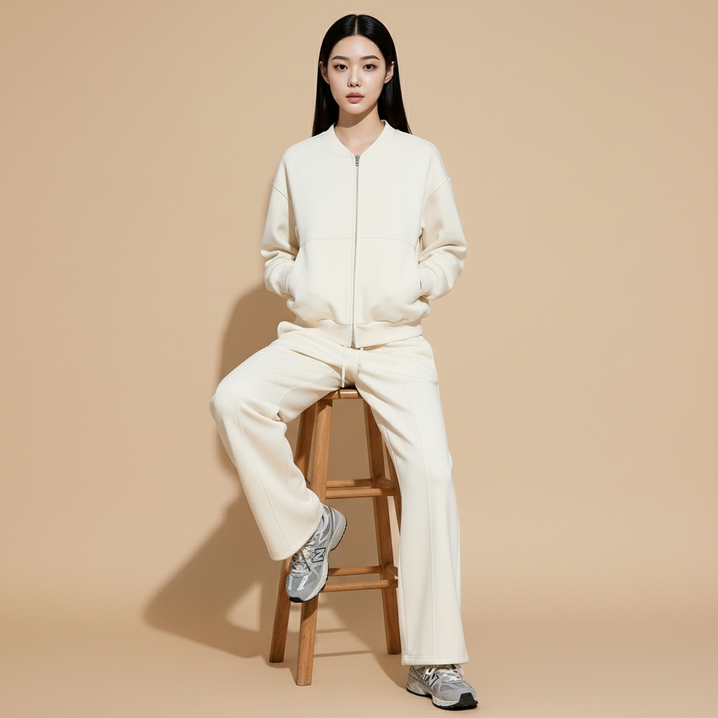 Wide leg bomber tracksuit set in cream worn by a seated model facing front, showing a zip-front bomber jacket with ribbed neckline and cuffs, relaxed cropped length, wide leg trousers with fluid drape, elasticated waistband, and full-length legs extending past the knees