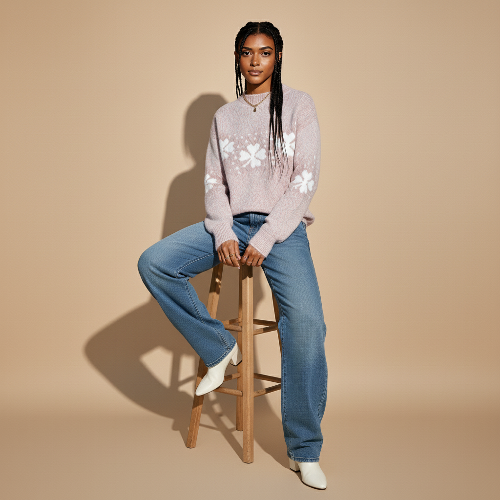 Mock neck snowflake jumper in soft pink worn by a seated model on a stool, showing white snowflake motif, mock neckline, thick knit fabric, and ribbed cuffs.