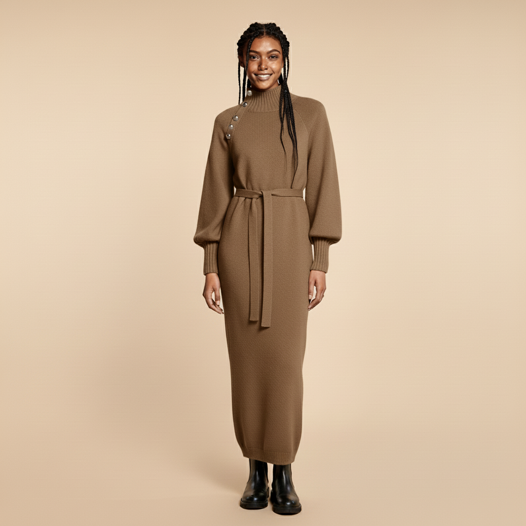 Knitted jumper dress in warm brown or khaki worn by a standing model facing front, showing a sculpted high neck, ribbed knit texture, long sleeves with ribbed cuffs, self-tie waist belt, button detail at the shoulder, and full-length straight hem