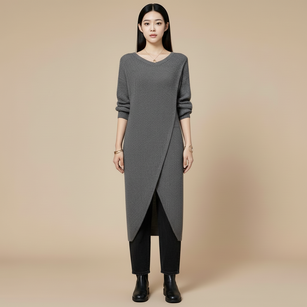 Asymmetric knit jumper dress in Grey worn by a standing model facing front, showing a round neckline, diagonal asymmetric overlay panel, textured knit surface, long sleeves, straight relaxed fit, and midi-length hem