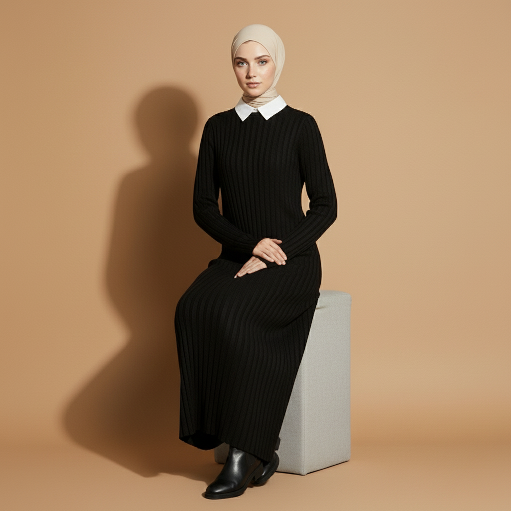 Rib knit maxi dress in black worn by a standing hijabi model with arms crossed, showing a crew neckline, long fitted sleeves, vertical ribbed texture, straight column silhouette, and floor-length hem