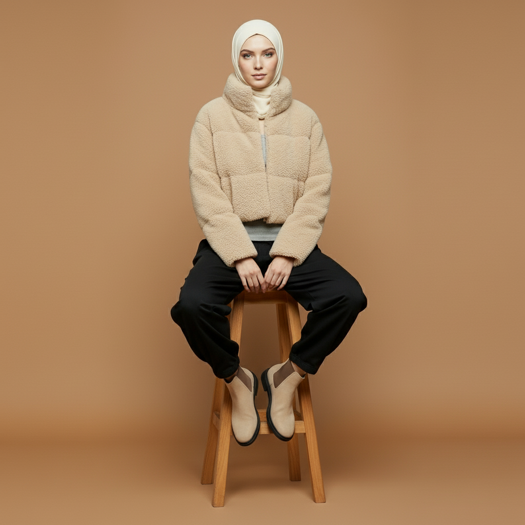 Sherpa fleece jacket in light beige worn by a seated model, showing a relaxed cropped fit, soft faux shearling surface, full zip front, long sleeves, and padded structure
