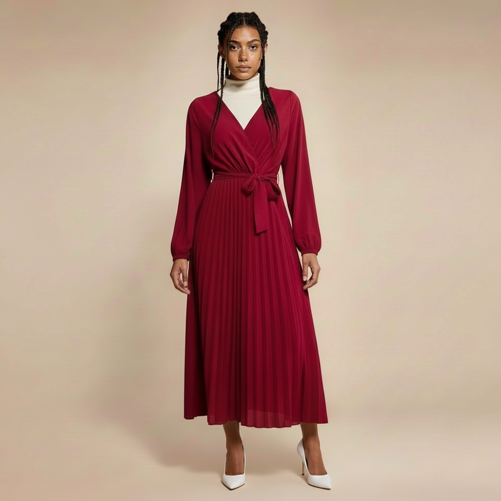 Pleated V-neck maxi dress in deep red worn by a standing model facing front, showing a wrap-style V neckline layered over a high inner top, long sleeves with gathered cuffs, self-tie waist belt, finely pleated skirt, and mid-calf to ankle-length hem