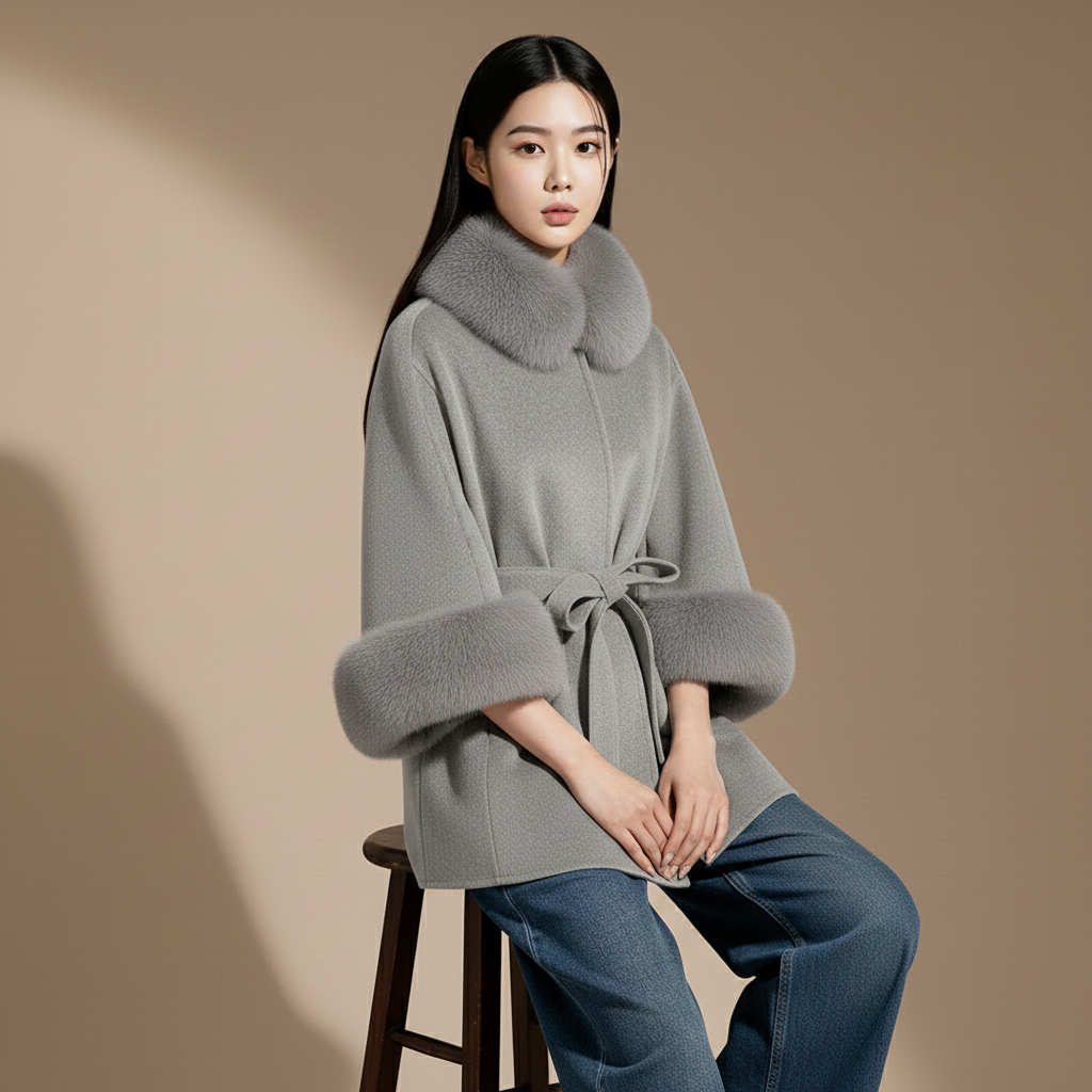 Cape coat with belt in Grey worn by a seated model, showing a relaxed cape shape, plush faux fur collar, wide batwing sleeves with fur cuffs, tied waist belt, and soft drape