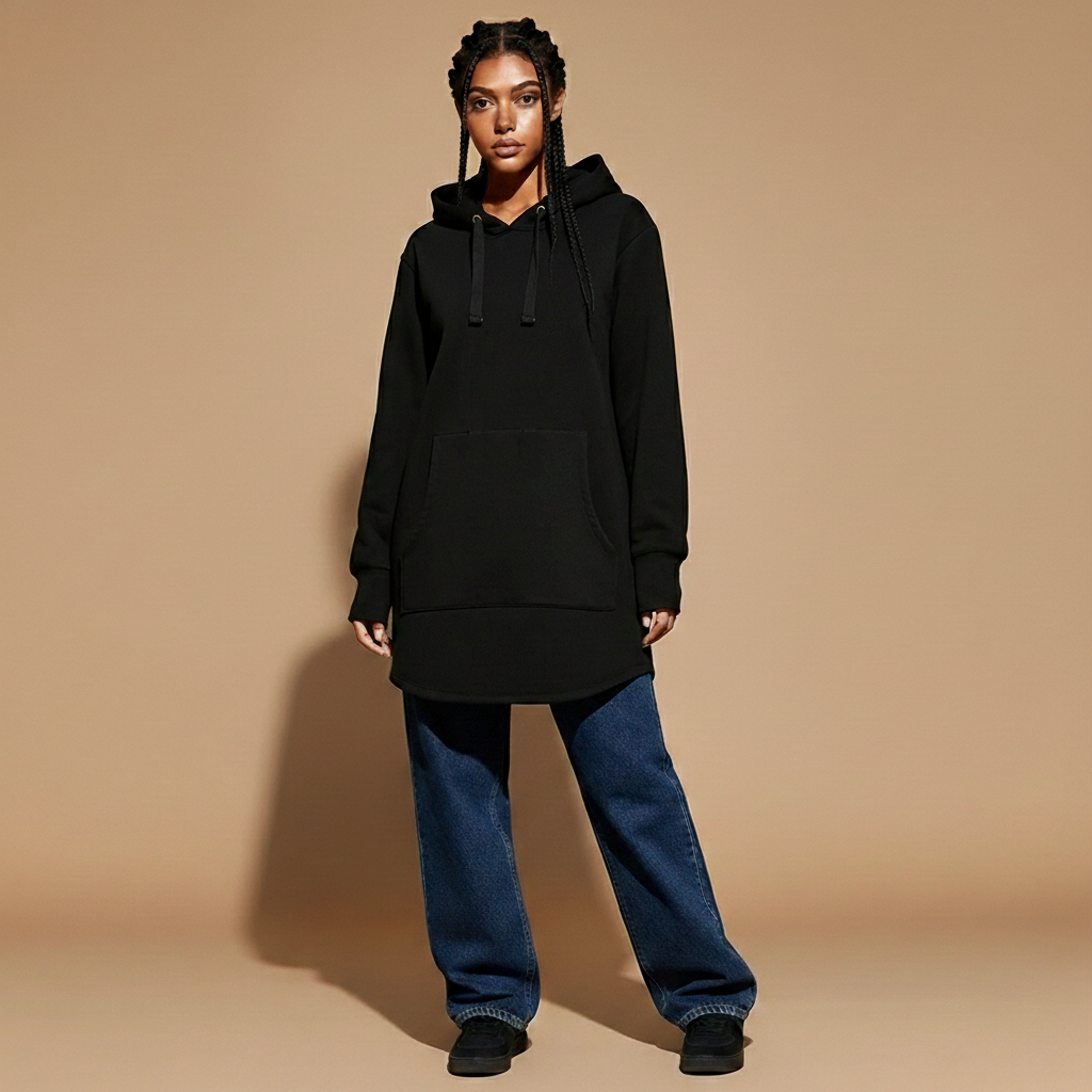Longline hoodie in black worn by a standing model, showing a relaxed oversized fit, extended length, drawstring hood, long sleeves, and front pocket