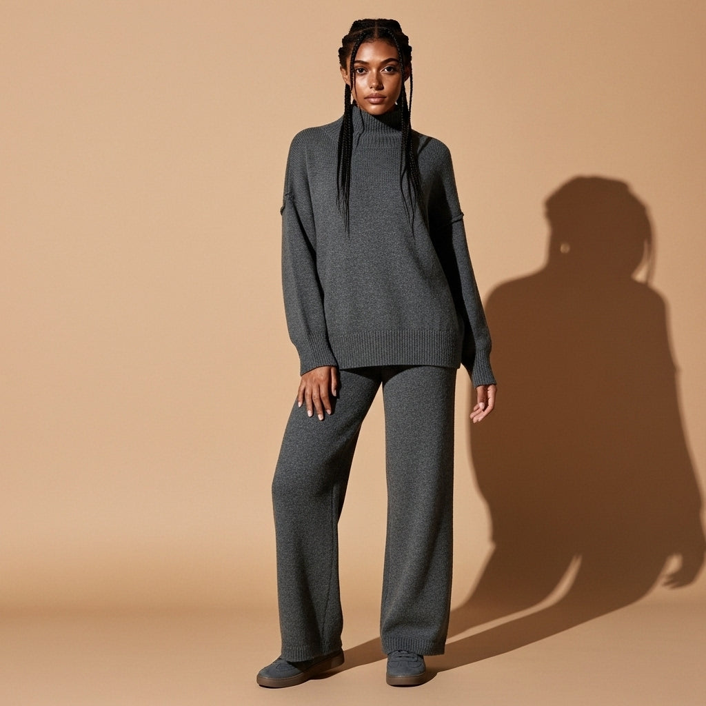 Knit co-ord set in charcoal Grey worn by a standing model in a slight three-quarter stance, showing a loose turtleneck sweater with relaxed sleeves, ribbed hemline, matching wide-leg trousers with straight drape, uniform knit surface, and full-length trousers resting over flat footwear