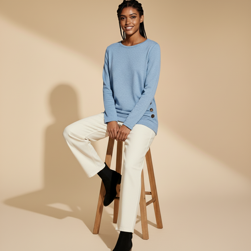 Long sleeve ruched top in light blue worn by a seated model on a stool, showing a smooth crew neckline, long sleeves, side-button ruched hem detail, relaxed drape, and clean straight hemline