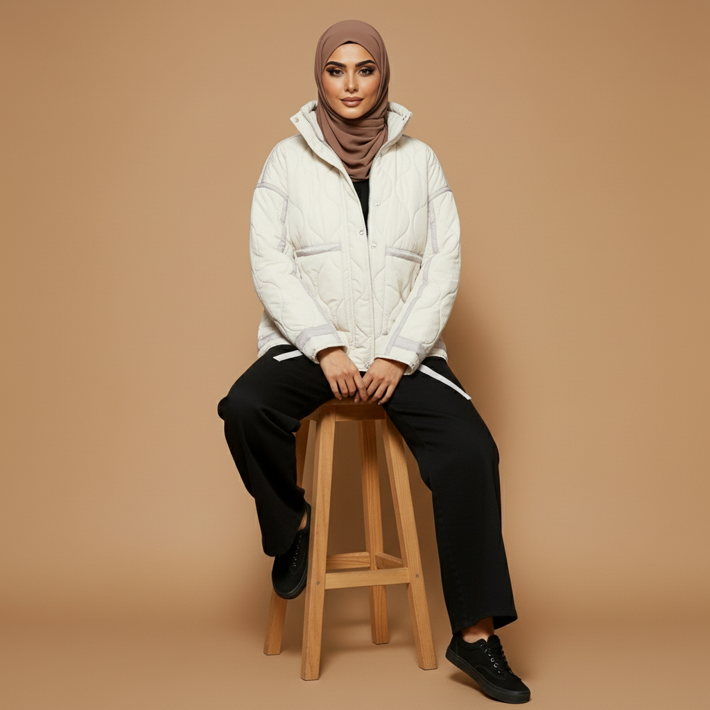 Quilted jacket in off-white worn by a seated hijabi model facing front, showing soft quilted panel stitching, stand collar structure, relaxed fit through the body, long sleeves with clean cuffs, front snap fastening, and straight hem resting above the hips