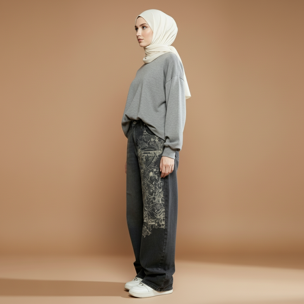 Black wide leg jeans in black-Grey worn by a standing model angled slightly to the front, showing a high waist waistband, loose fit through the thighs, wide leg cut, smooth washed denim surface, full-length legs, and hem falling naturally over footwear