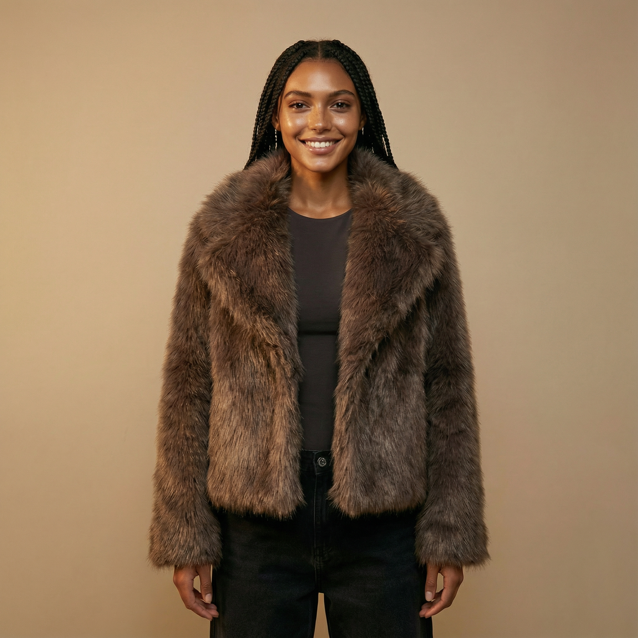 Cropped faux fur jacket in brown worn by a standing model, showing a cropped fit, dense plush faux fur finish, wide collar framing the neckline, long sleeves, and straight hem
