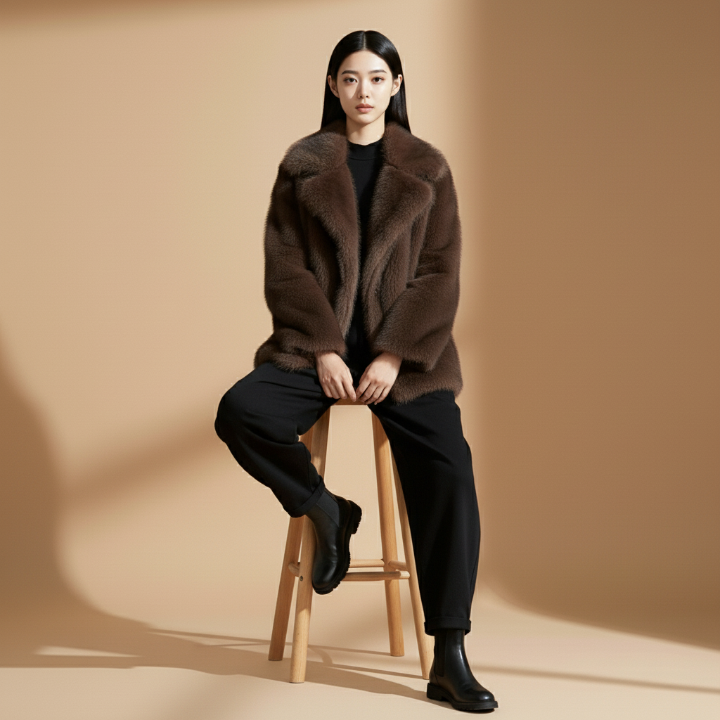 Faux fur jacket in dark coffee brown worn by a seated model, showing a relaxed oversized shape, wide collar detail, dense faux fur texture, long sleeves, and soft drape