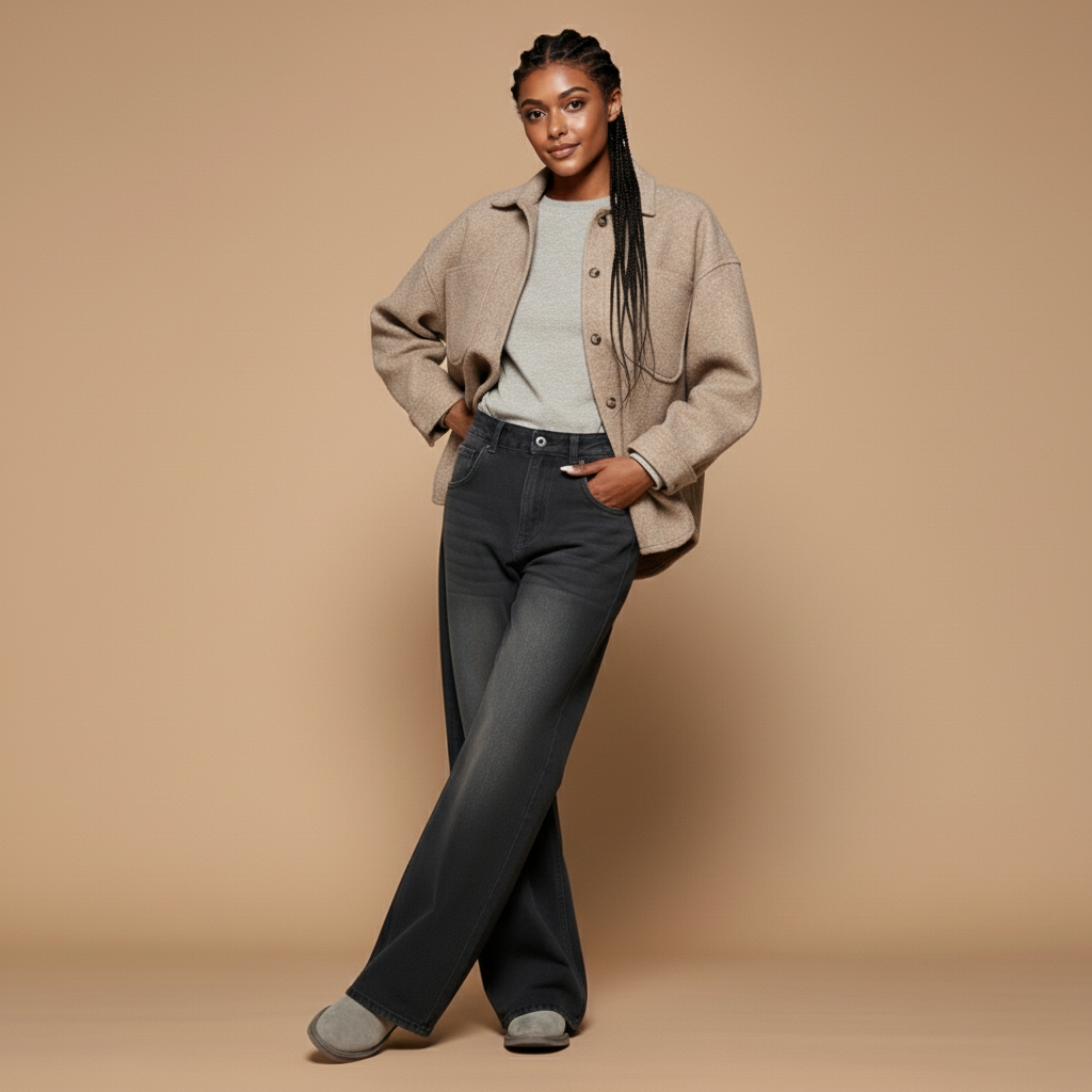 Dark blue wide leg jeans in dark blue worn by a standing model angled slightly to the side, showing a high-rise waist, relaxed loose fit, wide leg cut, clean side seam line, full-length legs, and structured denim drape