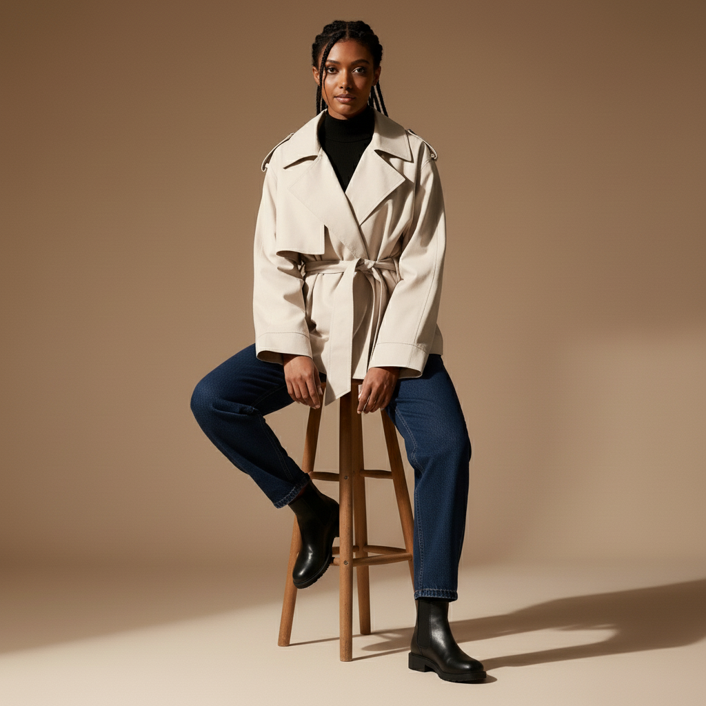 Short trench jacket in light beige or tan worn by a seated model, showing a relaxed loose fit, wrap front design, tied belt detail, softly draped fabric, and clean structured lines