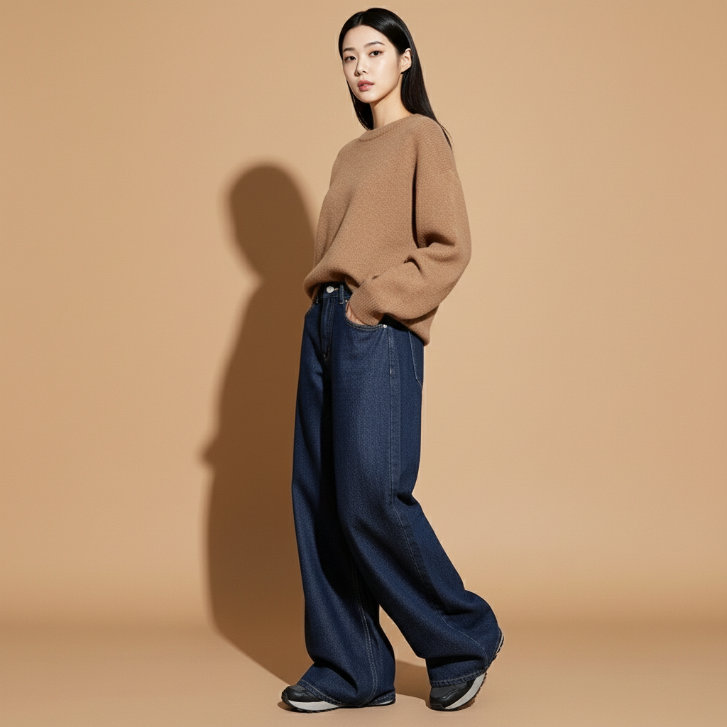 Low waist baggy jeans in dark blue worn by a standing model in side profile, showing a low-rise waistline, straight loose leg cut, clean side seam, full-length silhouette, structured denim drape, and hem falling over the shoe sole