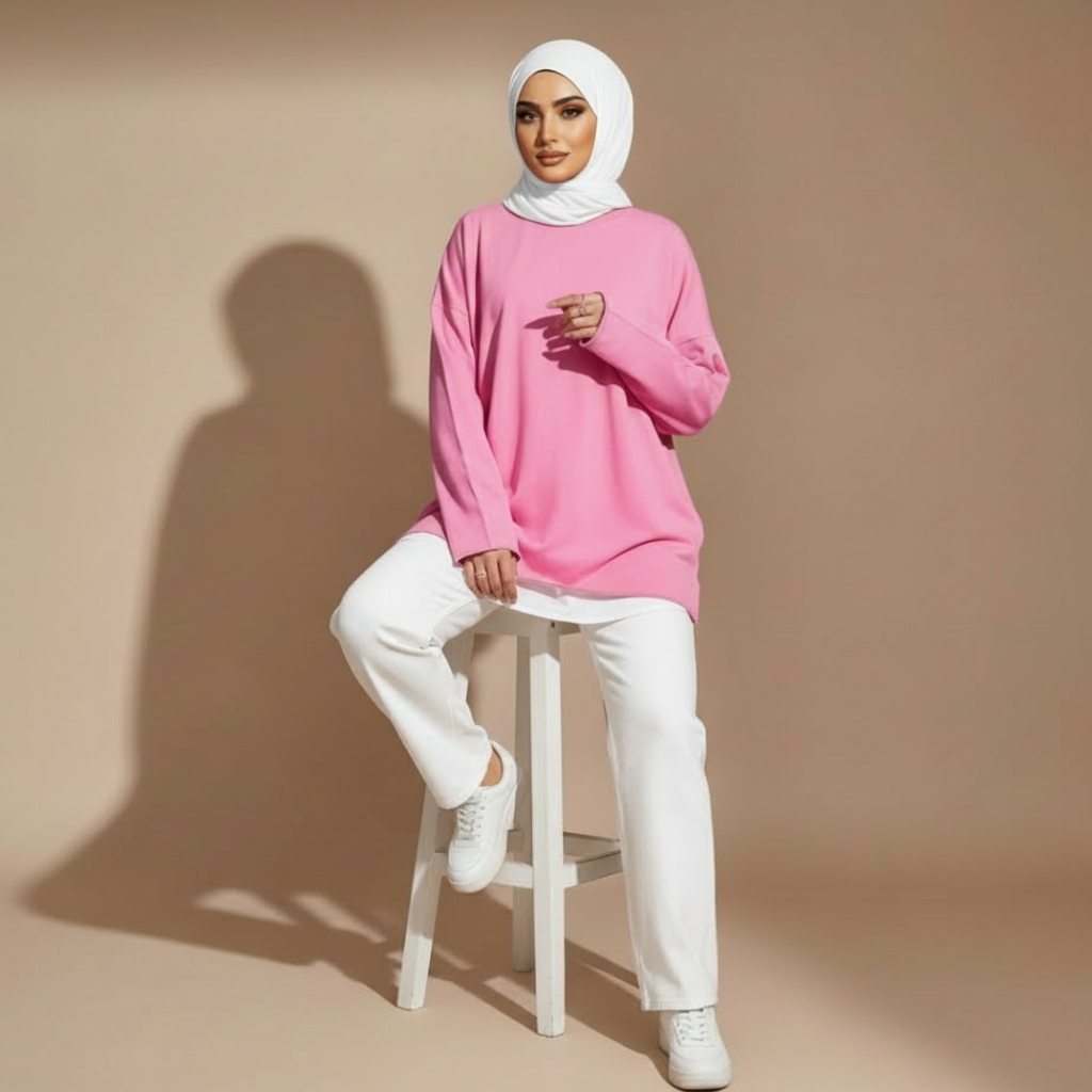 Oversized long sleeve t-shirt in bright pink worn by a seated hijabi model, showing a crew neckline, dropped shoulders, relaxed elongated silhouette, straight hemline, and full-length sleeves