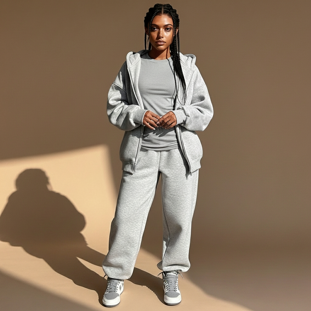 Hoodie and jogger set in light Grey worn by a standing model facing front, showing a loose-fit hooded top layered over a matching t-shirt, wide straight jogger legs, elasticated cuffs, full-length trousers, and trainers clearly visible