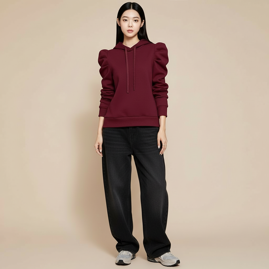 Loose fit hoodie in dark red worn by a standing model, showing a relaxed silhouette, structured shoulder detail, drawstring hood, long sleeves, and ribbed hem