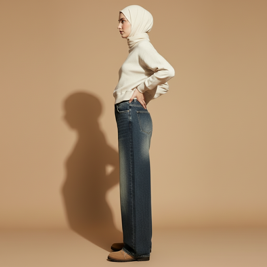 Loose fit wide leg jeans in dark blue worn by a standing hijabi model in side profile, showing a high waist, straight wide-leg structure, full-length hem, clean side seam, and dark washed denim texture