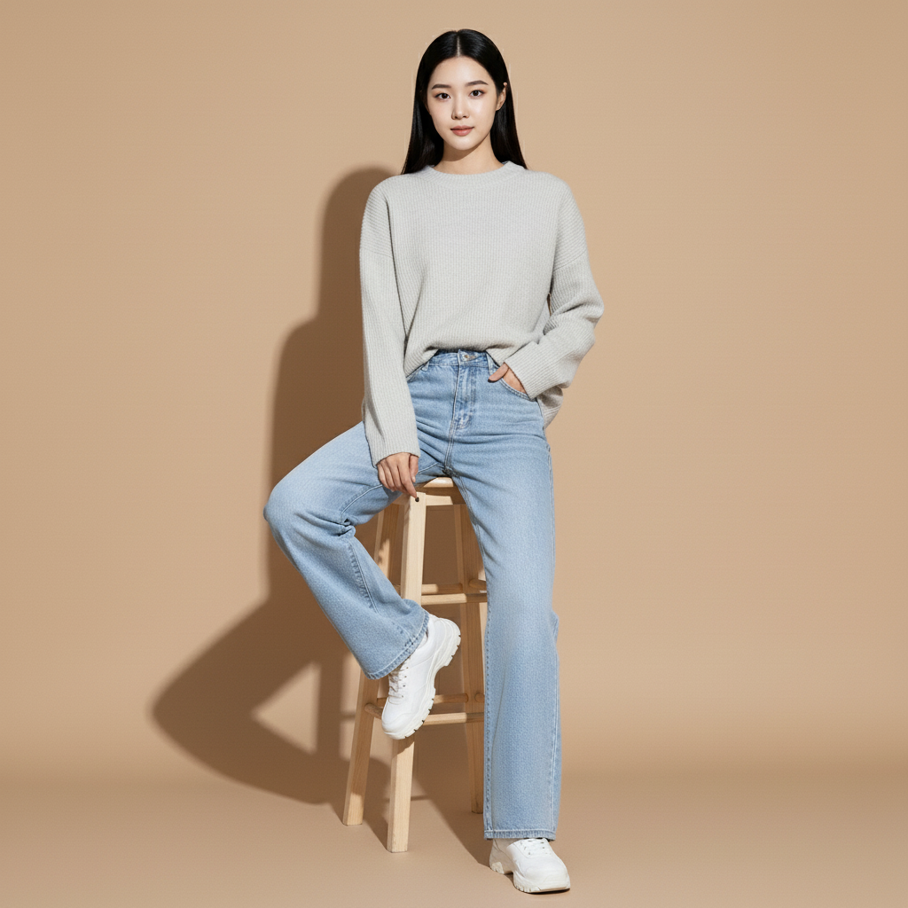 Wide leg jeans in light blue worn by a seated model facing front, showing a high waist, relaxed wide leg silhouette, smooth vintage wash denim texture, straight leg fall, full-length legs, and hem resting over footwear