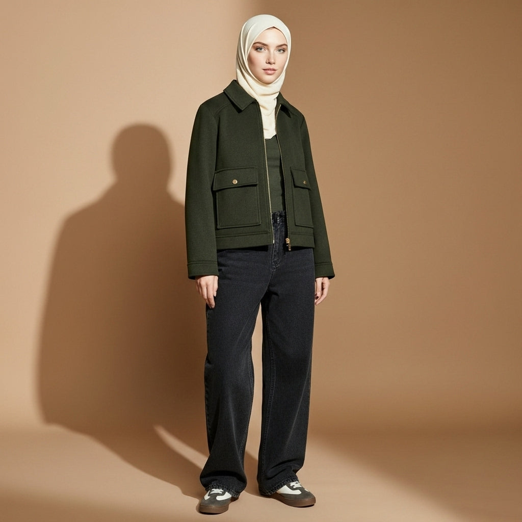 Cropped zip jacket in dark green worn by a standing model, showing a slim structured fit, pointed collar, full zip front, dual flap pockets, long sleeves, and clean tailored finish