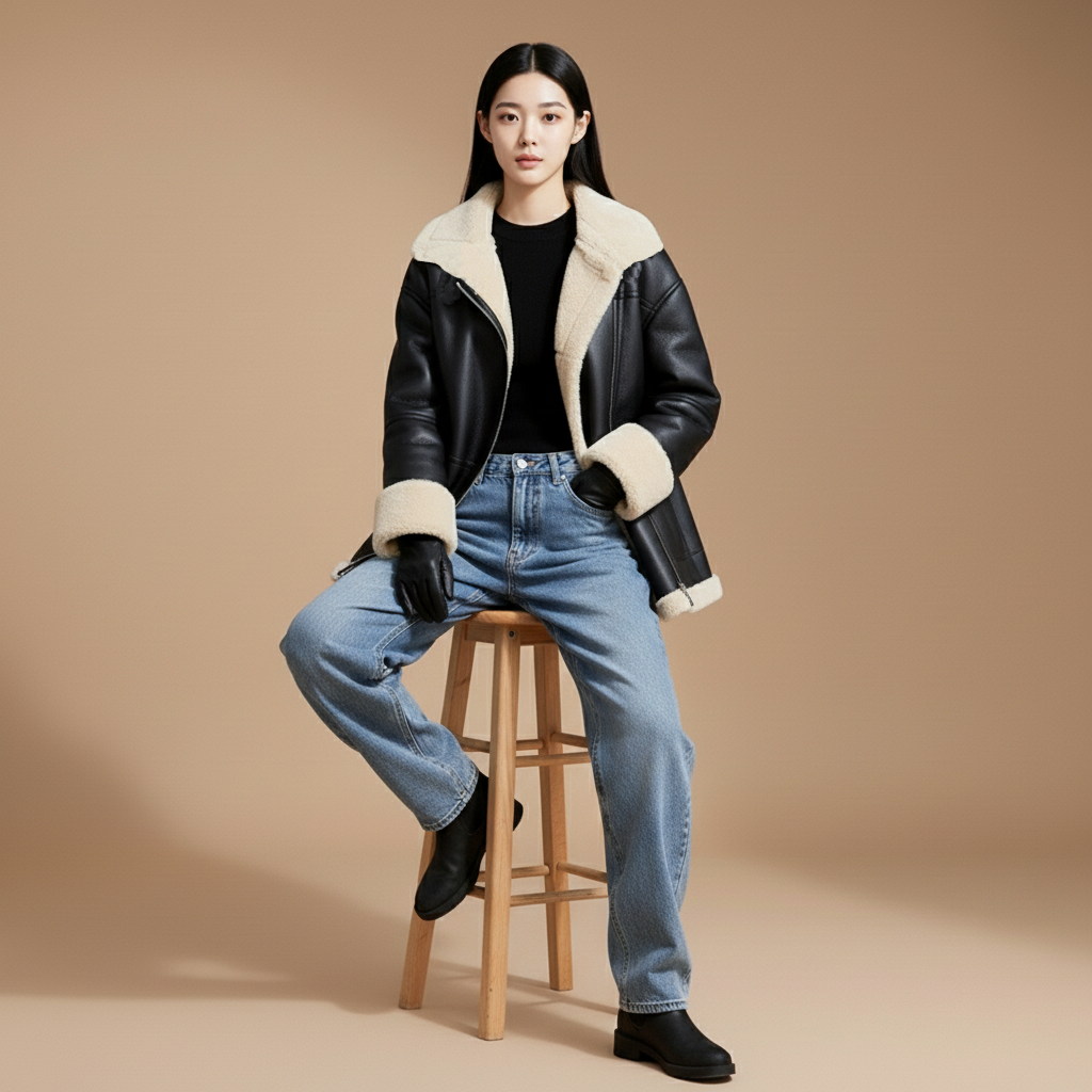 Faux shearling coat in black worn by a seated model, showing a relaxed oversized shape, zip front design, cream shearling trim at collar and cuffs, long sleeves, and structured outer shell
