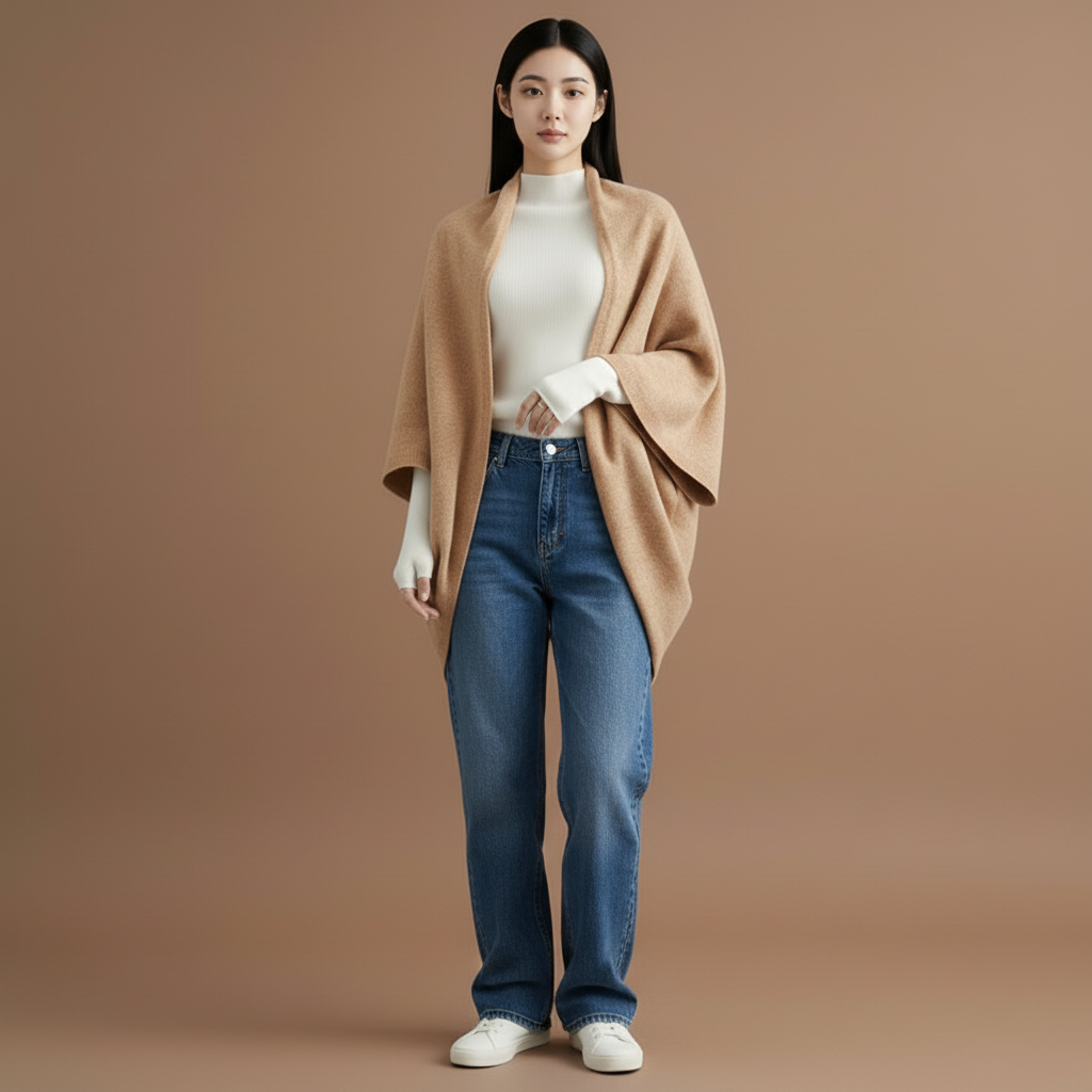 Knitted shawl cardigan in camel worn by a standing model, showing an open wrap front, wide draped sleeves, and relaxed shoulder coverage