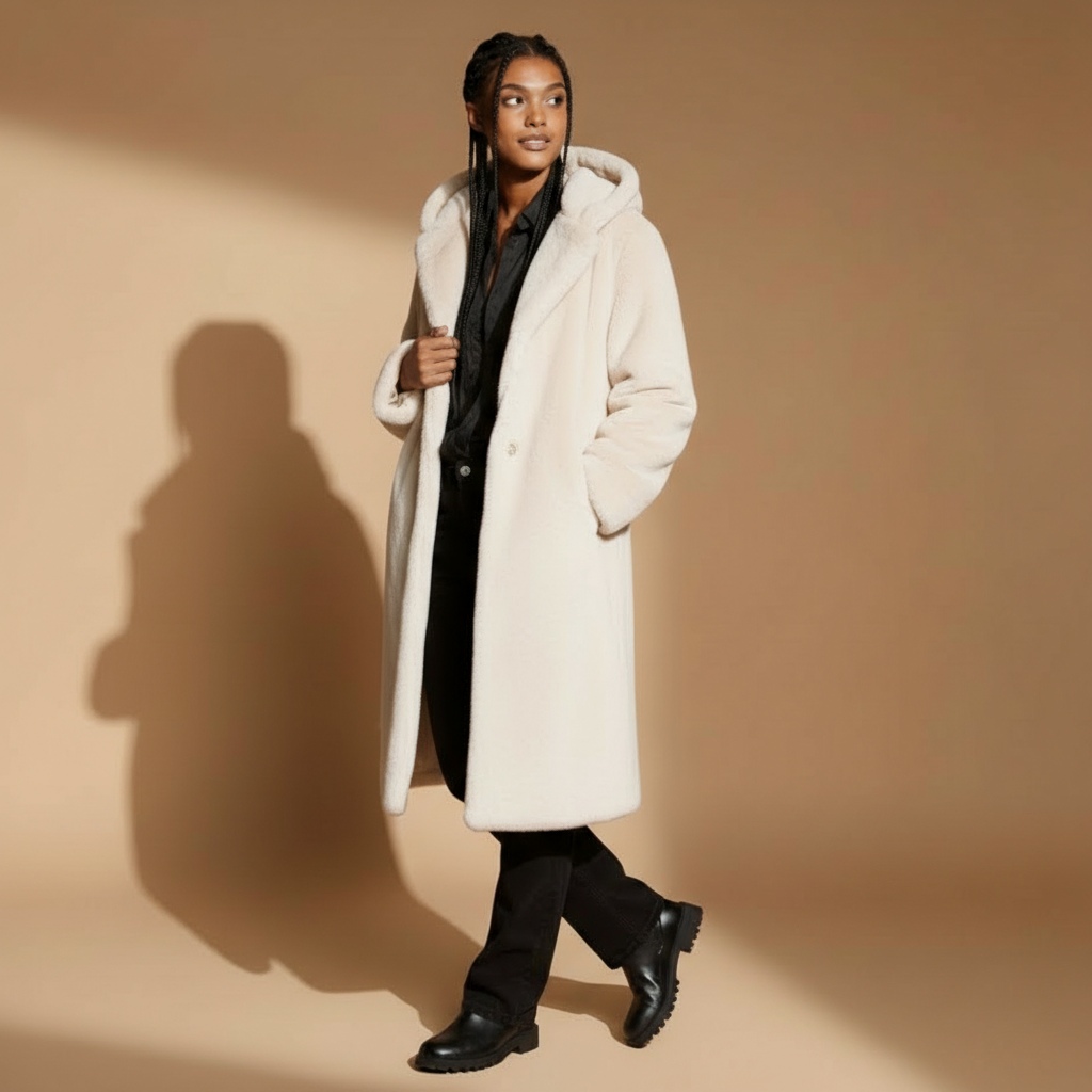 Long faux fur coat in beige worn by a standing model angled slightly to the side, showing a soft faux fur surface, hooded neckline, straight longline cut, full-length sleeves, side pockets, and hem extending below the knee