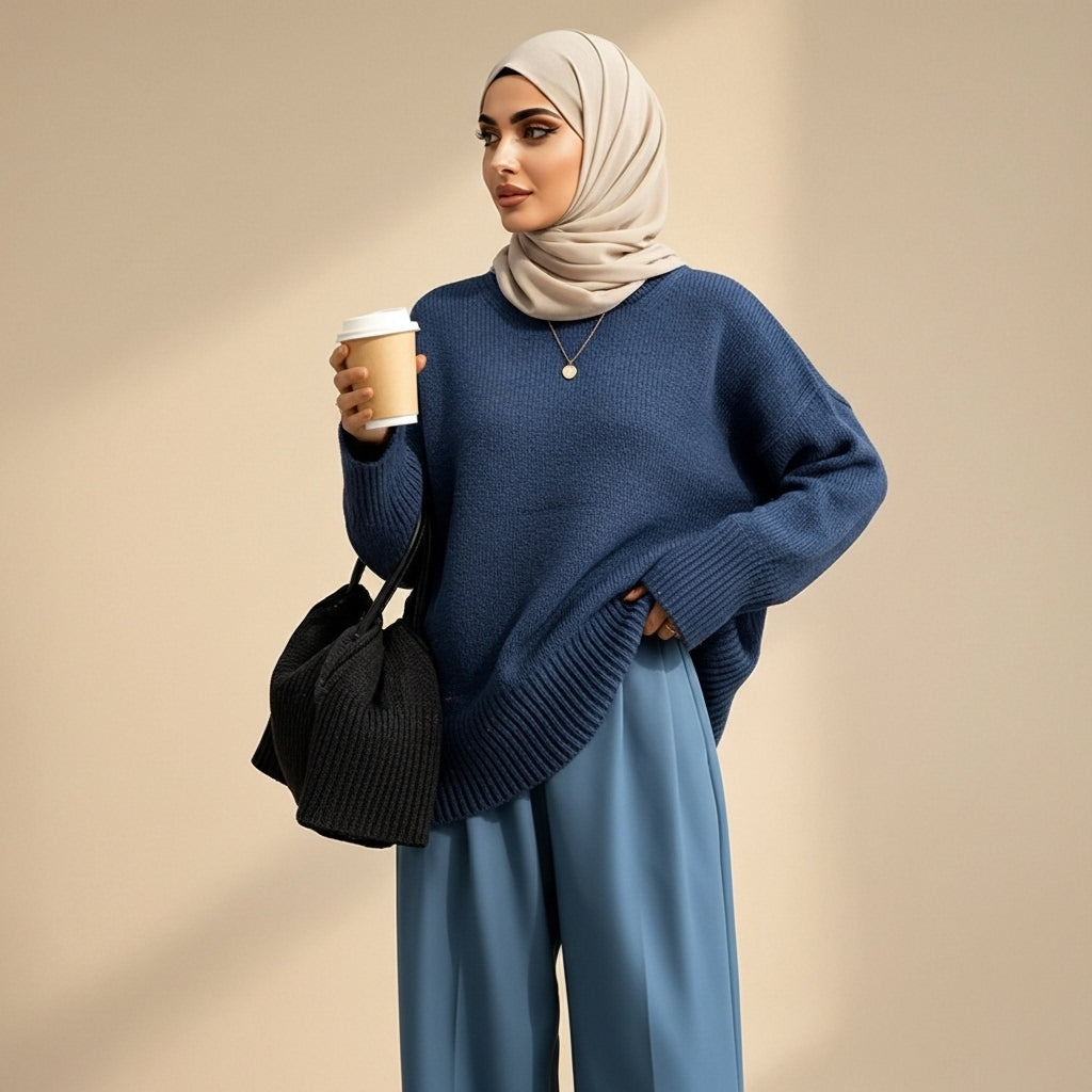 Crewneck jumper in navy blue worn by a standing hijabi model, showing a relaxed silhouette, long sleeves, and ribbed hem