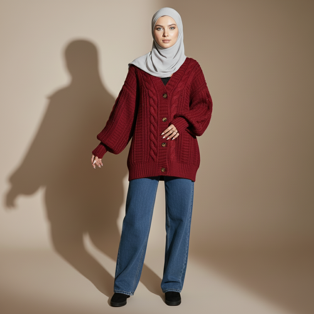 Cable knit cardigan in deep wine red worn by a standing model, showing a loose silhouette, cable detailing, and front buttons