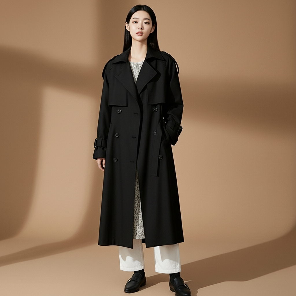 Longline trench coat in black worn by a standing model facing front, showing a double-breasted front, structured lapels, storm flap overlay, long sleeves with cuff straps, full-length cut, and clean straight hemline