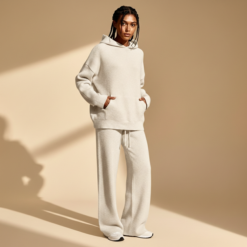 Wide leg tracksuit set in apricot beige worn by a standing model facing front, showing a ribbed hoodie with relaxed fit, dropped shoulders, kangaroo pocket, wide leg joggers with straight silhouette, drawstring waist, full-length legs, and hem resting over trainers