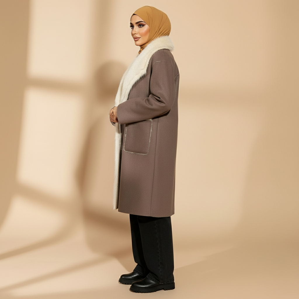 Faux shearling coat in taupe brown worn by a standing hijabi model in side profile, showing a longline cut, smooth double-face outer surface, cream faux shearling trim running along the front edge, relaxed straight sleeve shape, and clean side seam with knee-length coverage
