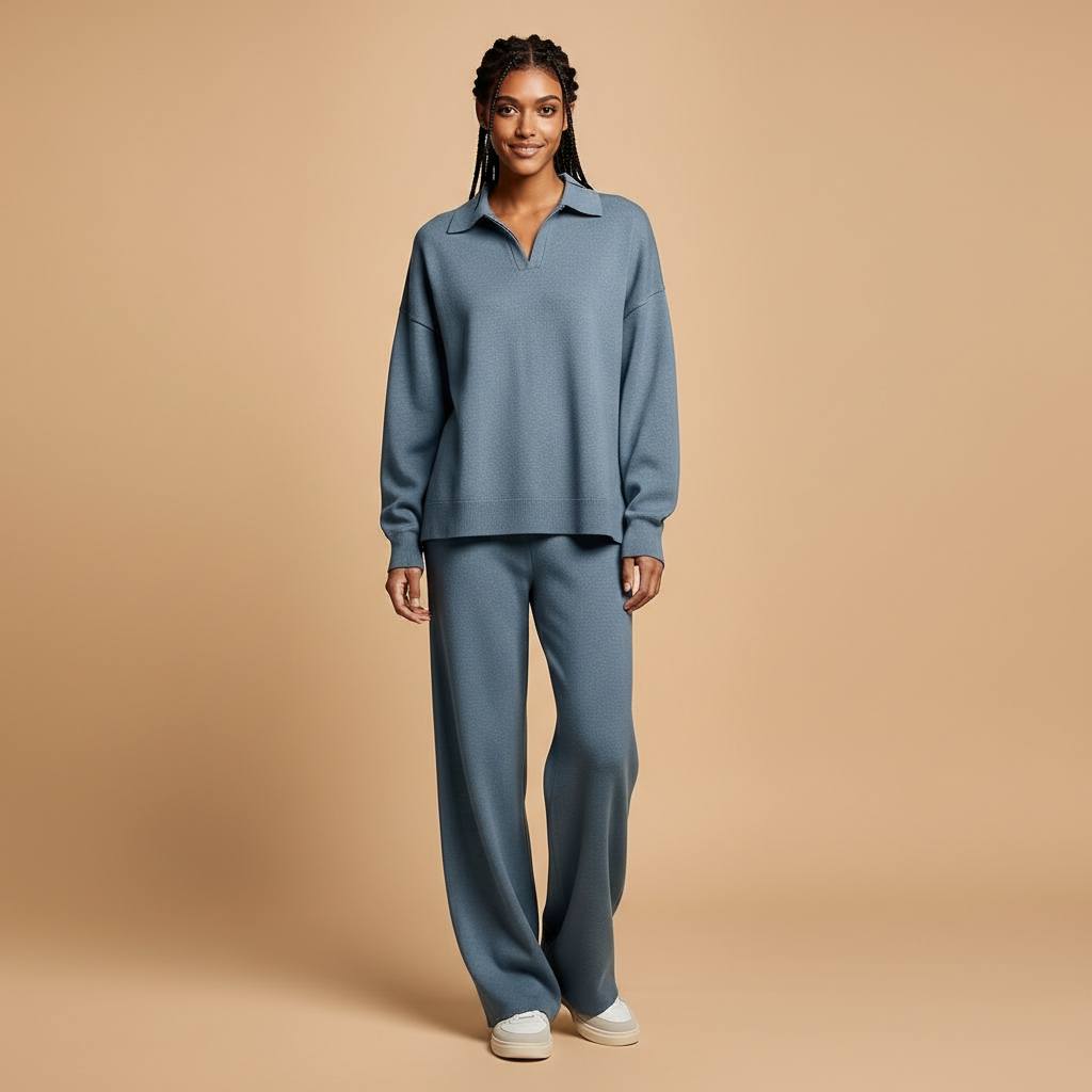 Wide leg tracksuit set in muted blue worn by a standing model facing front, showing a loose-fit sweatshirt with dropped shoulders, open collar detail, long sleeves, matching wide leg joggers with straight silhouette, full-length legs, and soft fabric drape over trainers