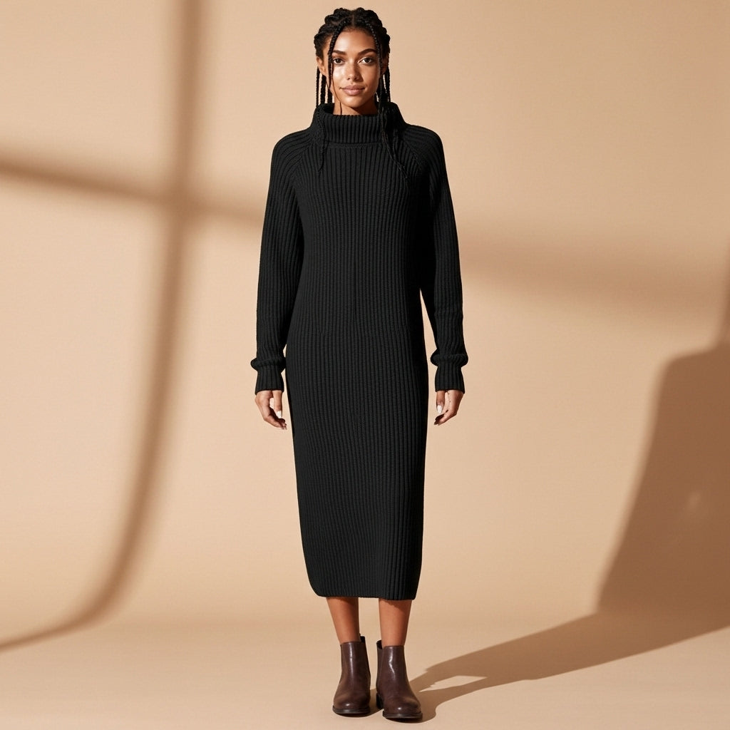 Ribbed turtleneck knit dress in black worn by a standing model facing front, showing dense ribbed knit structure, high fold-over turtleneck, long sleeves with ribbed cuffs, straight modest fit, mid-calf length, and clean hem finish