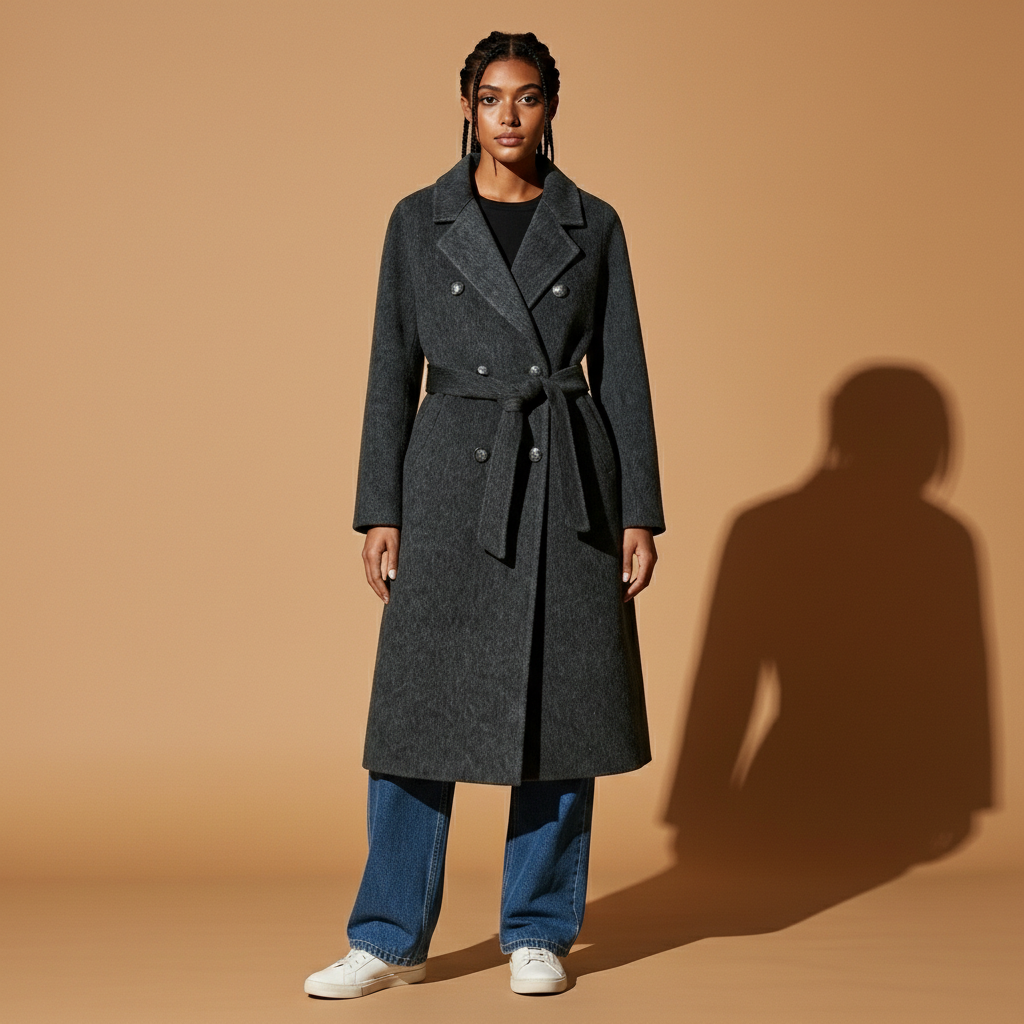 Wool blend longline coat in black worn by a standing model facing front, showing a double-breasted front with matching buttons, defined lapel collar, belted waist tie, straight longline cut, long sleeves, and hem extending below the knee