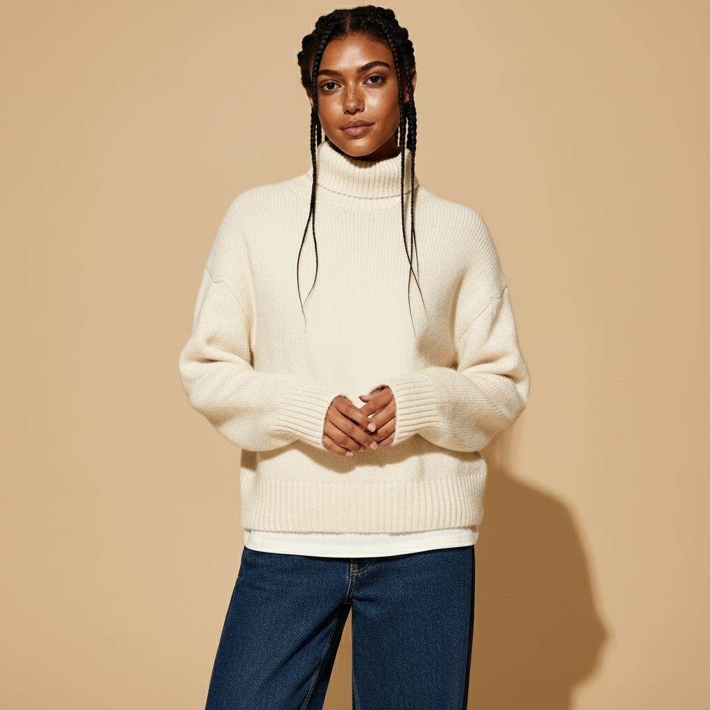 Roll neck oversized jumper in camel worn by a standing model in a side-facing pose, showing a relaxed loose fit with long sleeves