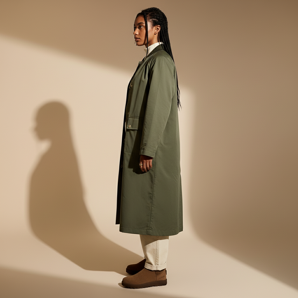 Trench coat in olive green worn by a standing model in side profile, showing a longline cut, relaxed straight fit through the body, clean side seam line, full-length sleeve shape, lightweight fabric drape, and hem extending below the knee