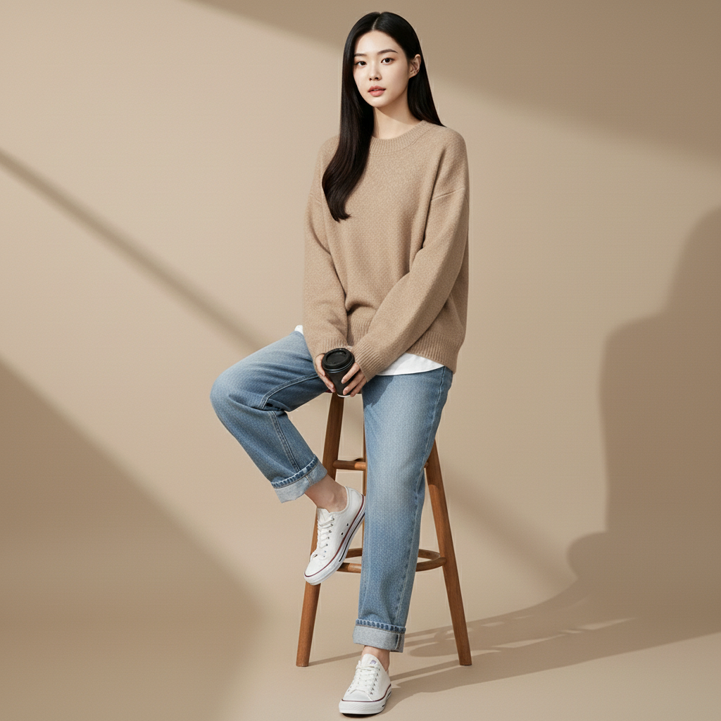 Oversized fluffy jumper in brown shown from the front on a standing model, highlighting the loose silhouette and crewneck neckline