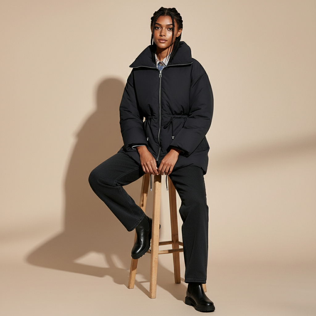 Longline puffer coat in black worn by a seated model, showing a relaxed padded shape, high collar detail, front zip closure, adjustable waist ties, long sleeves, and soft structured drape