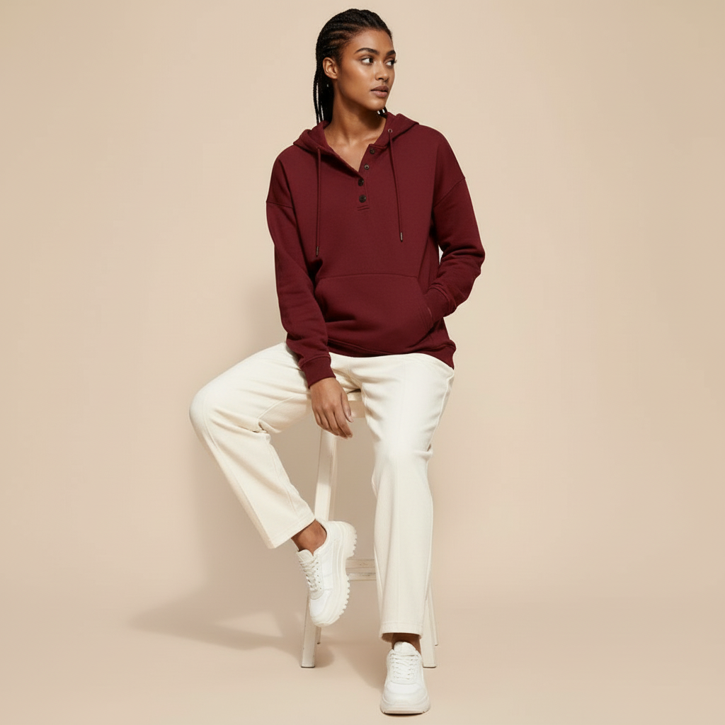 Henley hoodie in wine red worn by a seated model, showing a relaxed silhouette, buttoned Henley placket, drawstring hood, long sleeves, and front pocket