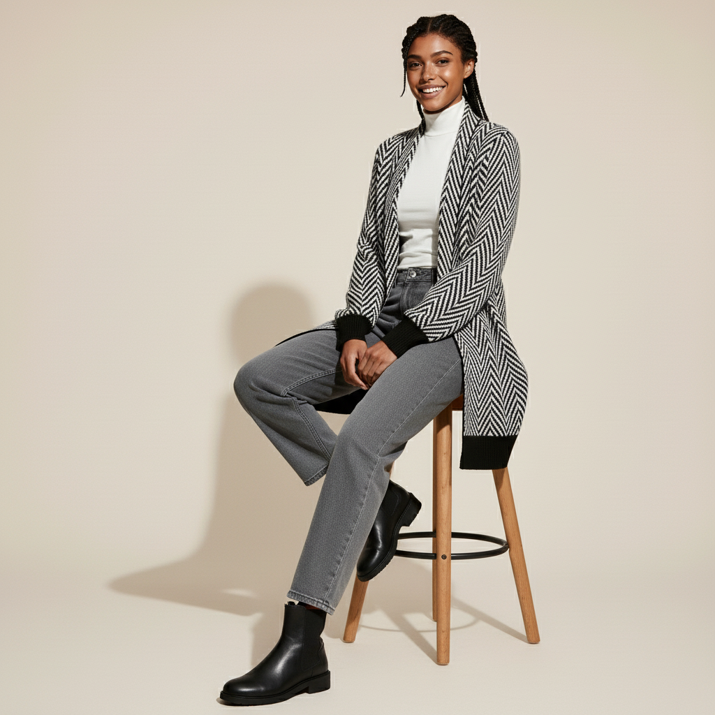 Chevron knit cardigan in black and white worn by a seated model, showing a straight drape, chevron knit texture, ribbed cuffs, and relaxed sleeves