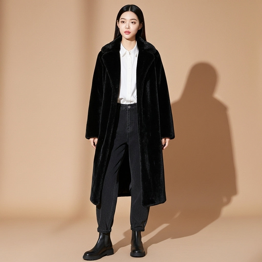 Belted faux fur longline coat in black worn by a standing model facing front, showing dense faux fur texture, wide collar opening, straight longline cut, full-length sleeves, smooth front drape, and hem extending below the knee